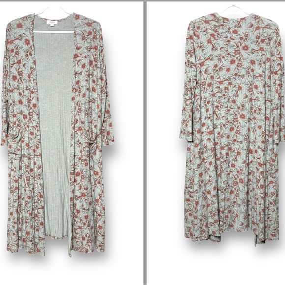 LuLaRoe Tops - LuLaRoe S (6-8) Duster Cardigan Sarah Floral Gray Salmon Ribbed
